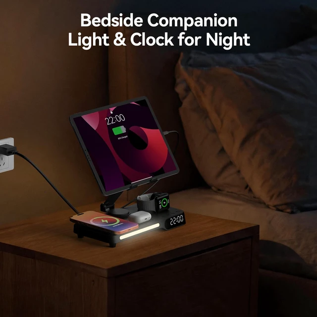 Alt view image 4 of 7 - Wireless Charging Station, 7 in 1 Multiple Charger Stand for Multi-Device|Charger Stand with Alarm Clock, Night Light, Mag-Safe Charging Dock for iPhone, Apple Watch and Airpods, for bedroom & office