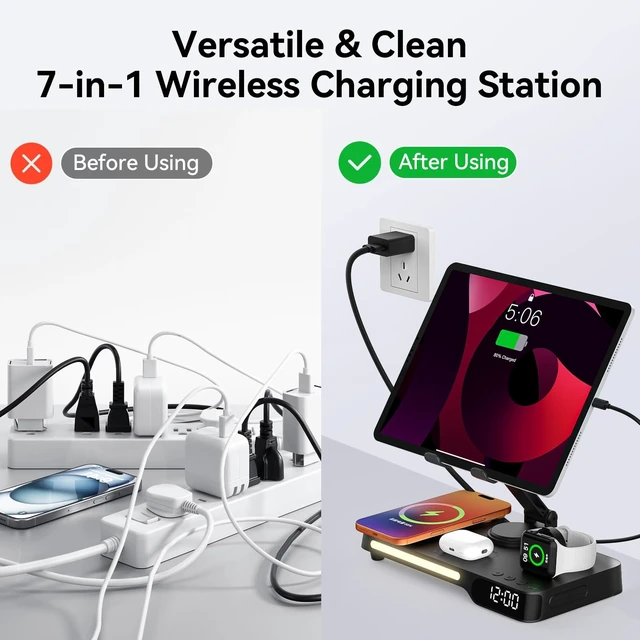 Alt view image 6 of 7 - Wireless Charging Station, 7 in 1 Multiple Charger Stand for Multi-Device|Charger Stand with Alarm Clock, Night Light, Mag-Safe Charging Dock for iPhone, Apple Watch and Airpods, for bedroom & office
