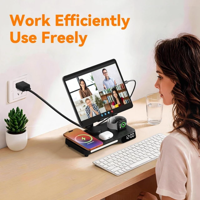 Alt view image 7 of 7 - Wireless Charging Station, 7 in 1 Multiple Charger Stand for Multi-Device|Charger Stand with Alarm Clock, Night Light, Mag-Safe Charging Dock for iPhone, Apple Watch and Airpods, for bedroom & office