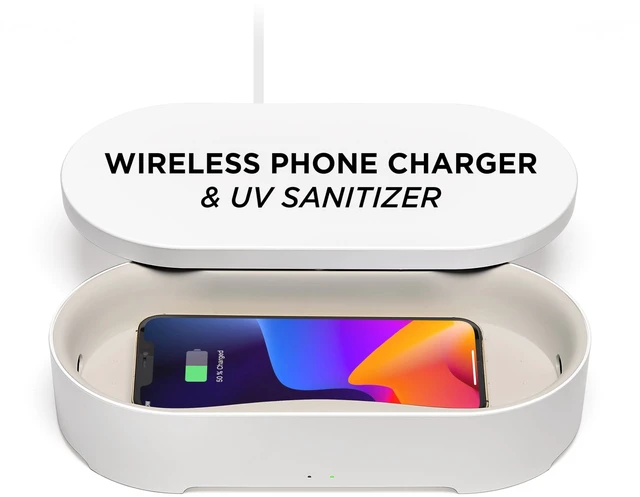 Main image of Lexon UV Phone Sanitizer Machine & Wireless Charger - OBLIO Box QI Fast Charging and 360° UV-C Light Cellphone Cleaner, Glasses, Keys, Makeup Brush, Tools, All that Fits in - White