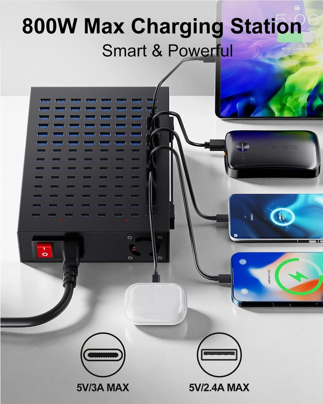 Alt view image 3 of 7 - 112-Port 800W USB Charging Station, USB C Charger for Multiple Devices | Multi Port Desktop Charging Hub with Smart IC Protection, Ideal for Co-Working Spaces, Libraries, Restaurants & Schools