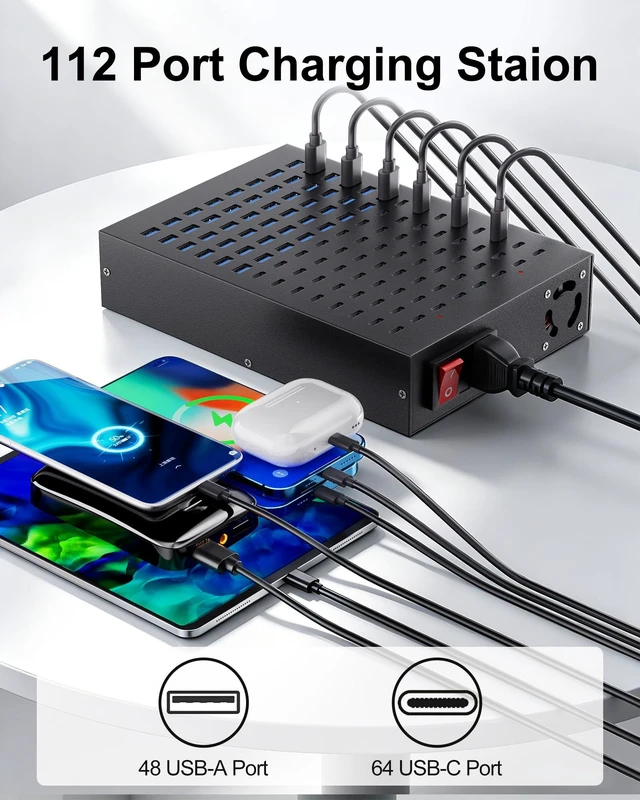 Alt view image 2 of 7 - 112-Port 800W USB Charging Station, USB C Charger for Multiple Devices | Multi Port Desktop Charging Hub with Smart IC Protection, Ideal for Co-Working Spaces, Libraries, Restaurants & Schools