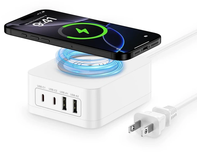 Main image of 60W USB Charging Station with 15W Wireless Charger, Multi-port Desktop Fast Charge Hub with 2xUSB A and 2xUSB C Charger Block for Samsung S25 S24 S23 A16 A15 Z Fold 6 iPhone 16 15 14 iPad Pixel 9 8a 7