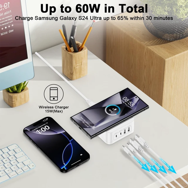 Alt view image 2 of 7 - 60W USB Charging Station with 15W Wireless Charger, Multi-port Desktop Fast Charge Hub with 2xUSB A and 2xUSB C Charger Block for Samsung S25 S24 S23 A16 A15 Z Fold 6 iPhone 16 15 14 iPad Pixel 9 8a 7