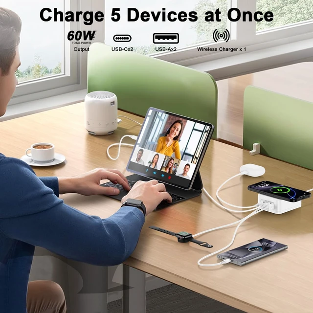 Alt view image 3 of 7 - 60W USB Charging Station with 15W Wireless Charger, Multi-port Desktop Fast Charge Hub with 2xUSB A and 2xUSB C Charger Block for Samsung S25 S24 S23 A16 A15 Z Fold 6 iPhone 16 15 14 iPad Pixel 9 8a 7