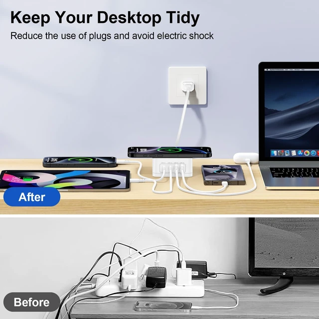 Alt view image 7 of 7 - 60W USB Charging Station with 15W Wireless Charger, Multi-port Desktop Fast Charge Hub with 2xUSB A and 2xUSB C Charger Block for Samsung S25 S24 S23 A16 A15 Z Fold 6 iPhone 16 15 14 iPad Pixel 9 8a 7