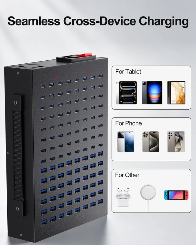 Alt view image 5 of 7 - 112-Port 800W USB Charging Station, USB C Charger for Multiple Devices | Multi Port Desktop Charging Hub with Smart IC Protection, Ideal for Co-Working Spaces, Libraries, Restaurants & Schools