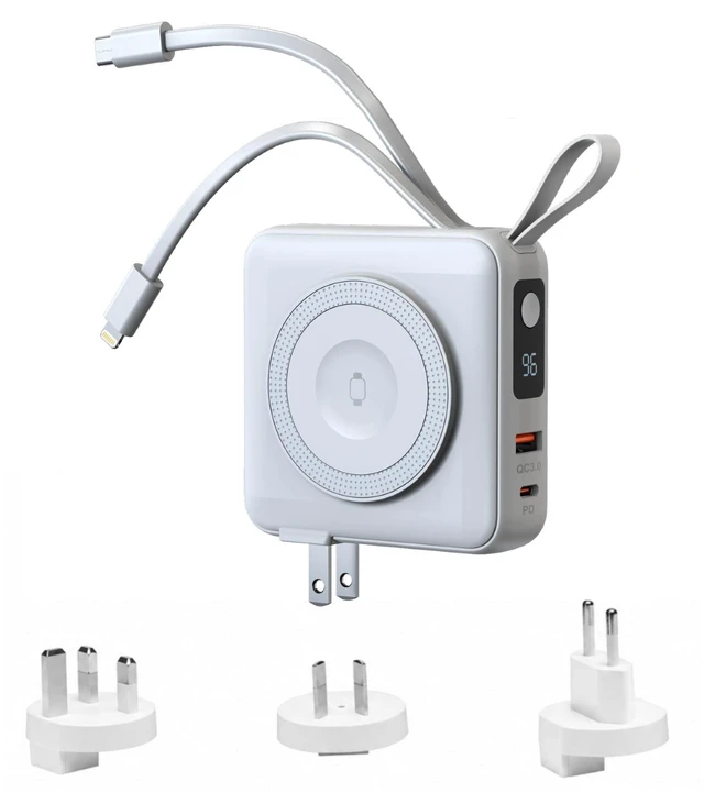 Main image of TRON 5-in-1 Travel Charger & 10,000mAh Power Bank, TSA Approved, Wireless for iPhone/i Watch/AirPods, Built-in USB-C & L Cables, LED Display, Travel case Included, (White)