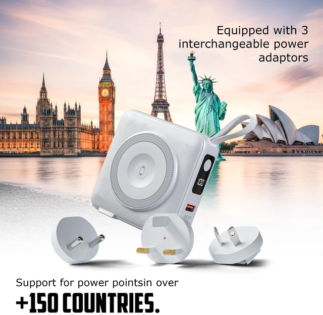 Alt view image 3 of 7 - TRON 5-in-1 Travel Charger & 10,000mAh Power Bank, TSA Approved, Wireless for iPhone/i Watch/AirPods, Built-in USB-C & L Cables, LED Display, Travel case Included, (White)