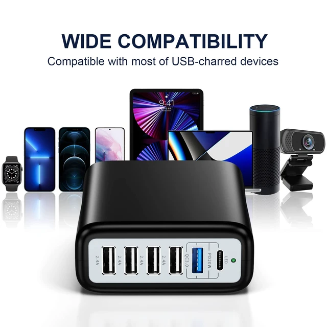 Alt view image 3 of 7 - USB C Charging Station Fast Wall Charger USBC Charging Power Hub for Multiple Device Desktop Charge Block 6 Ports Pd3.0 Rapid Strip Adapter Compatible with iPhone15 iPad Galaxy Smart Cell Phone 100W