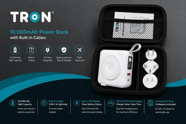 Alt view image 4 of 7 - TRON 5-in-1 Travel Charger & 10,000mAh Power Bank, TSA Approved, Wireless for iPhone/i Watch/AirPods, Built-in USB-C & L Cables, LED Display, Travel case Included, (White)