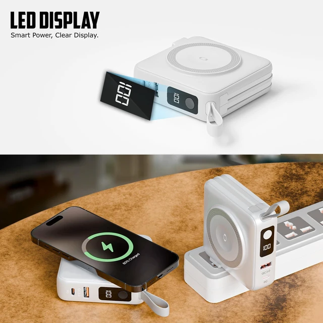 Alt view image 7 of 7 - TRON 5-in-1 Travel Charger & 10,000mAh Power Bank, TSA Approved, Wireless for iPhone/i Watch/AirPods, Built-in USB-C & L Cables, LED Display, Travel case Included, (White)