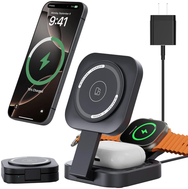 Main image of 3 in 1 Mini Foldable Charging Station for Apple Devices, Wireless Charger Stand for Magsafe for iPhone 18 Duo 17 e Air 16 15 14 13 12 Series, Apple Watch & AirPods Series, Gifts for Women Men (Black)