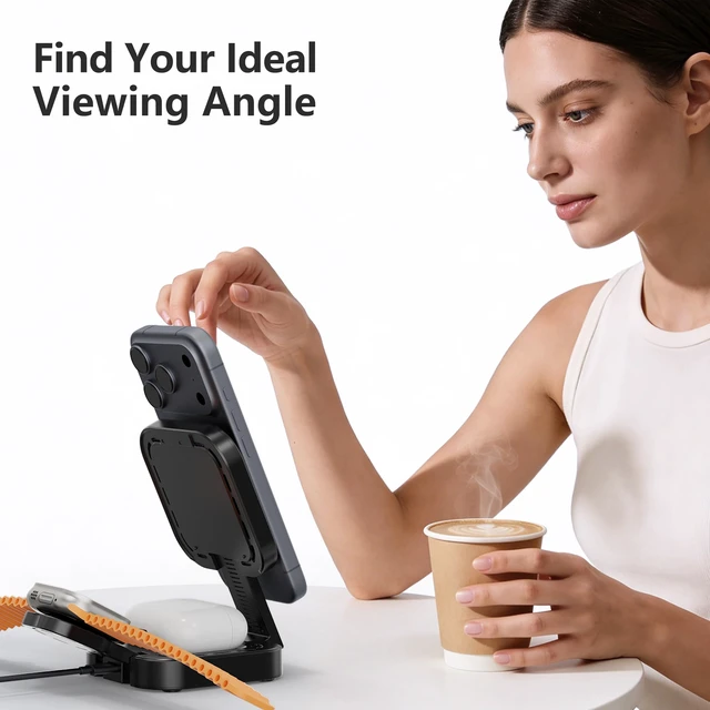 Alt view image 6 of 7 - 3 in 1 Mini Foldable Charging Station for Apple Devices, Wireless Charger Stand for Magsafe for iPhone 18 Duo 17 e Air 16 15 14 13 12 Series, Apple Watch & AirPods Series, Gifts for Women Men (Black)