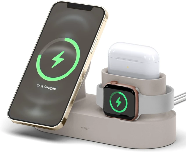 Main image of elago MS2 Charging Station for iPhone, AirPods, Apple Watch | Cables Not Included, Compatible with MagSafe, AirPods Pro 2/1, AirPods 4/3, All Apple Watch Series, Cable Management (Stone)