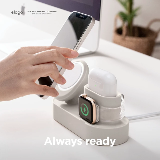 Alt view image 3 of 7 - elago MS2 Charging Station for iPhone, AirPods, Apple Watch | Cables Not Included, Compatible with MagSafe, AirPods Pro 2/1, AirPods 4/3, All Apple Watch Series, Cable Management (Stone)