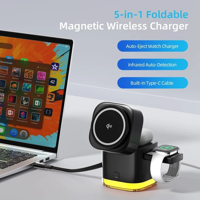 Alt view image 2 of 7 - Koolehaoda 5 in 1 Wireless Charging Station for Multiple Devices | 15W Fast Foldable Magnetic Charger Stand with Night Light and 65W PD Adapter for Apple Watch AirPods iPhone 17-12 Series