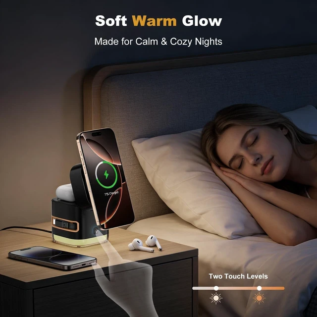Alt view image 7 of 7 - Koolehaoda 5 in 1 Wireless Charging Station for Multiple Devices | 15W Fast Foldable Magnetic Charger Stand with Night Light and 65W PD Adapter for Apple Watch AirPods iPhone 17-12 Series