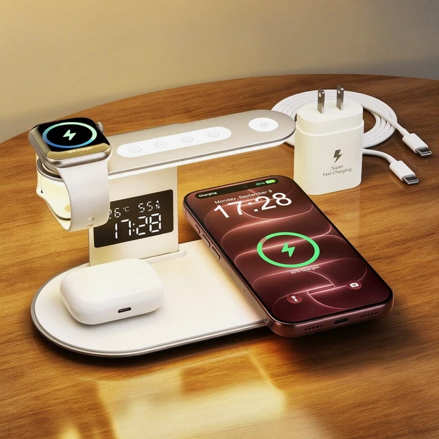 Main image of PENTASPI 5 in 1 Wireless Charger for iPhone iWatch AirPods with Night Light | with QC3.0 Adapter, Bedside Lamp, Time/Temp/Humidity Display, Fast Charger Station for iPhone18-12, iWatch, AirPods, White