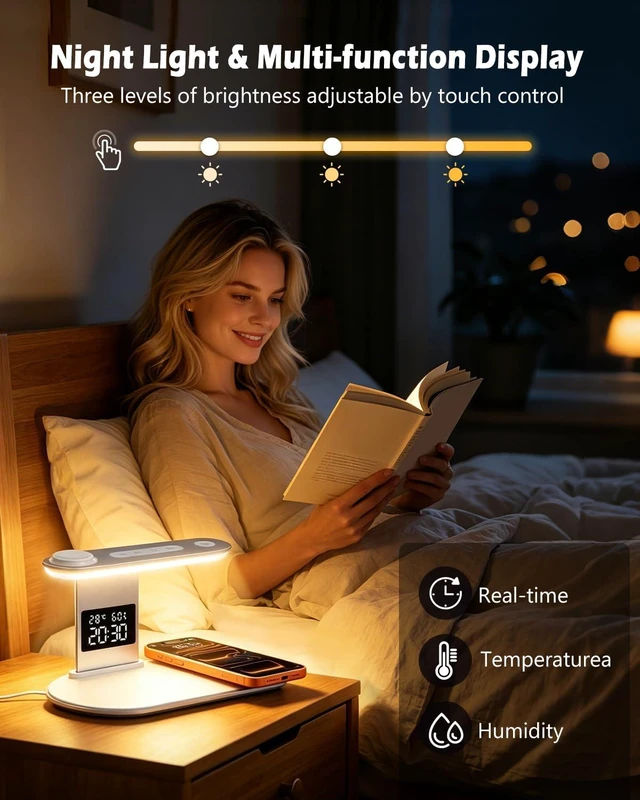 Alt view image 3 of 7 - PENTASPI 5 in 1 Wireless Charger for iPhone iWatch AirPods with Night Light | with QC3.0 Adapter, Bedside Lamp, Time/Temp/Humidity Display, Fast Charger Station for iPhone18-12, iWatch, AirPods, White