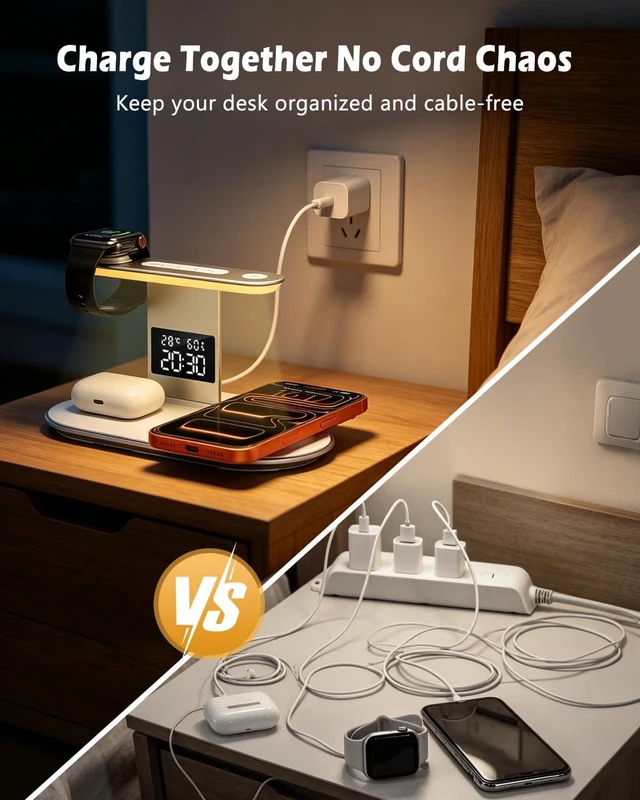 Alt view image 5 of 7 - PENTASPI 5 in 1 Wireless Charger for iPhone iWatch AirPods with Night Light | with QC3.0 Adapter, Bedside Lamp, Time/Temp/Humidity Display, Fast Charger Station for iPhone18-12, iWatch, AirPods, White