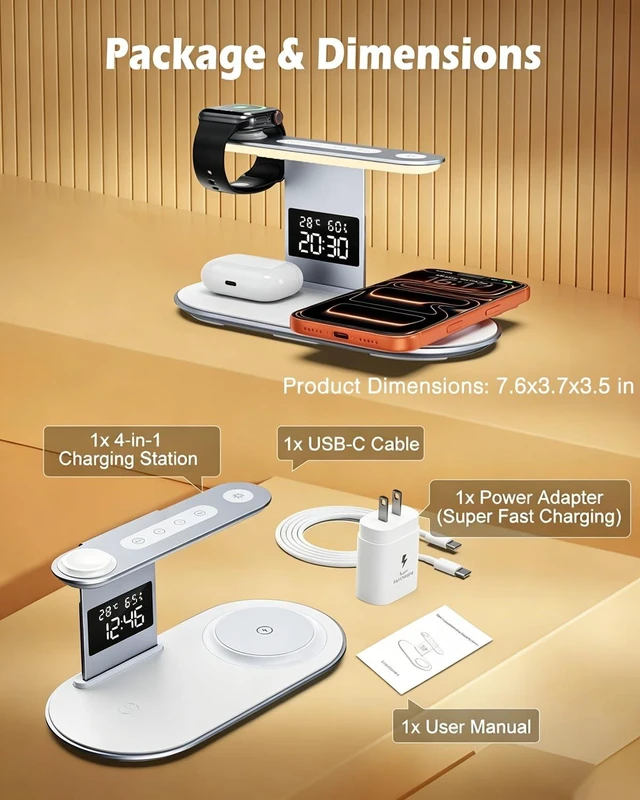 Alt view image 7 of 7 - PENTASPI 5 in 1 Wireless Charger for iPhone iWatch AirPods with Night Light | with QC3.0 Adapter, Bedside Lamp, Time/Temp/Humidity Display, Fast Charger Station for iPhone18-12, iWatch, AirPods, White