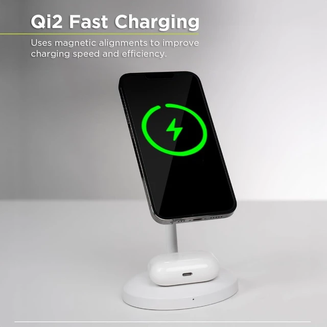 Alt view image 3 of 6 - PureGear Duo Magnetic 2-in-1 Wireless Charging Stand, Qi2 Certified 20W 2-in-1 Charging Station, Desk Accessory, Fast Wireless Charging, for iPhone 17/16/15/14/13/12, AirPods, White