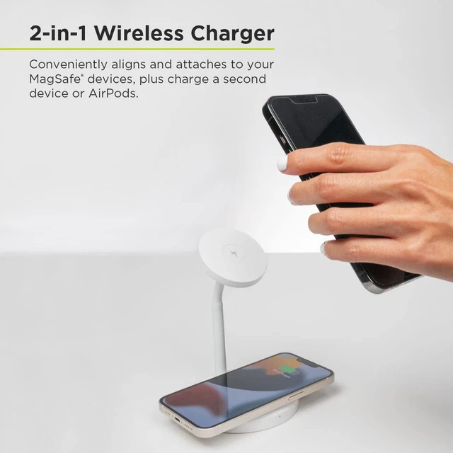 Alt view image 4 of 6 - PureGear Duo Magnetic 2-in-1 Wireless Charging Stand, Qi2 Certified 20W 2-in-1 Charging Station, Desk Accessory, Fast Wireless Charging, for iPhone 17/16/15/14/13/12, AirPods, White
