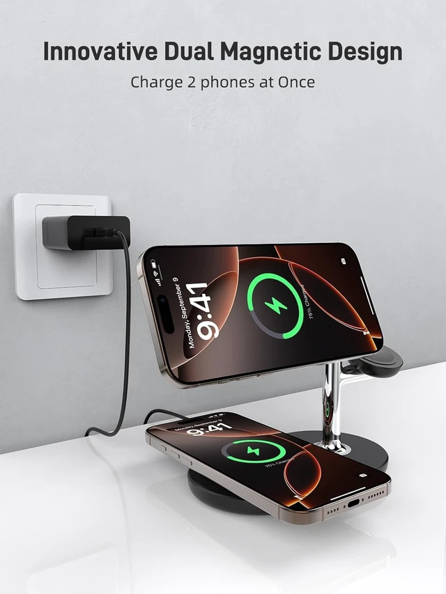 Alt view image 3 of 6 - Dual Magnetic Charger for iPhone, 3 in 1 Wireless Charger for Apple Watch | Charging Station for iPhone 18 Pro Series/AirPods Pro 2, Ideal for Nightstands, Desks & Overnight Charging, Adapter Included