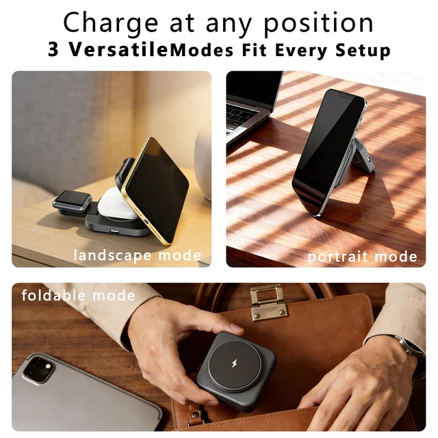 Alt view image 6 of 7 - MINI Foldable 3 in 1 Charging Station for Apple Devices, 15W Fast Magnetic Wireless Charger, Travel Charger Stand for iPhone 17 16 15 14 13 Series, 5W for Apple AirPods, Night light -TRICHARGE (Black)