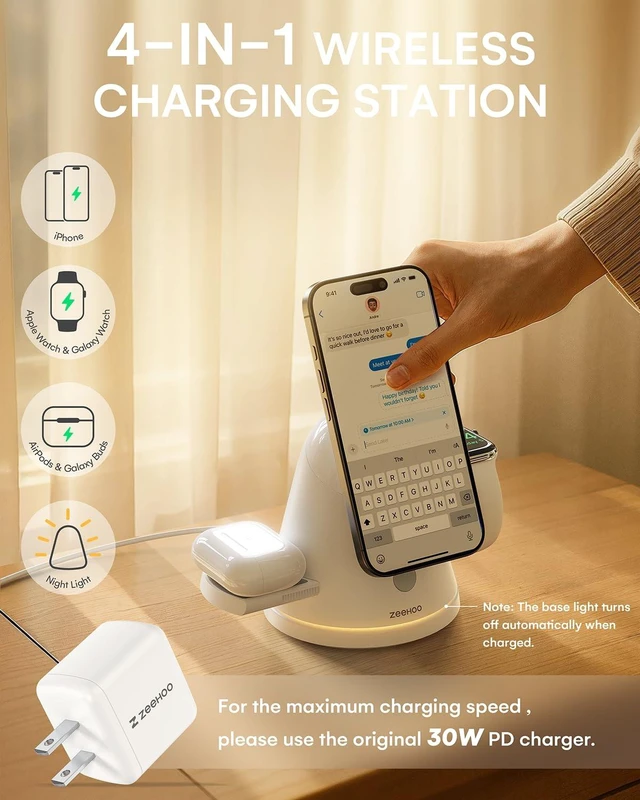 Alt view image 2 of 7 - 3 in 1 Charging Station for Apple, Qi2 Mag-Safe Charger Stand with Adjustable Night Light, Fast Wireless Charging Station Compatible with iPhone 17/16/15/14/13/12,AirPods & Apple Watch(30W Adapter)