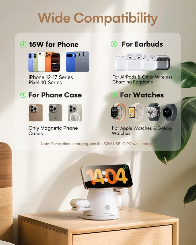 Alt view image 5 of 7 - 3 in 1 Charging Station for Apple, Qi2 Mag-Safe Charger Stand with Adjustable Night Light, Fast Wireless Charging Station Compatible with iPhone 17/16/15/14/13/12,AirPods & Apple Watch(30W Adapter)