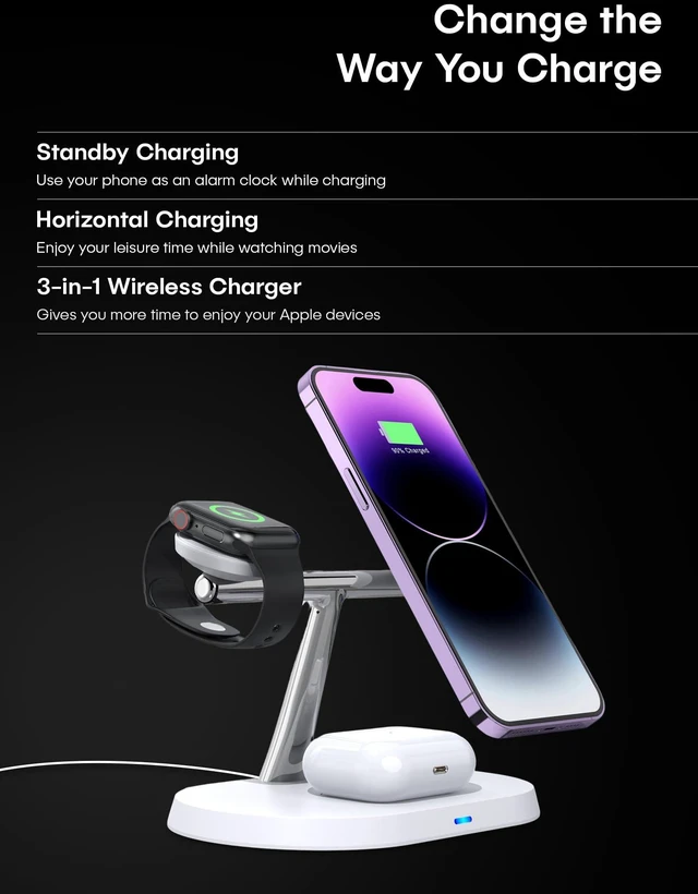 Alt view image 2 of 2 - TechSmart 3-in-1 Wireless Charging Station 15W/10W/7.5W/5W Output, iPhone, Apple Watch & AirPods Charging Dock with Adapter, Fast & Safe Wireless Charging Stand