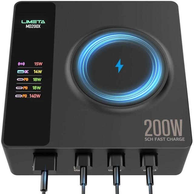 Main image of LIMETA MD200X 200W Desktop Charging Station, 5-in-1 Smart USB C Charger with 140W PD 3.1 and Wireless Charging Pad for Laptop, Tablet, Phone & Earbuds Home Ofiice