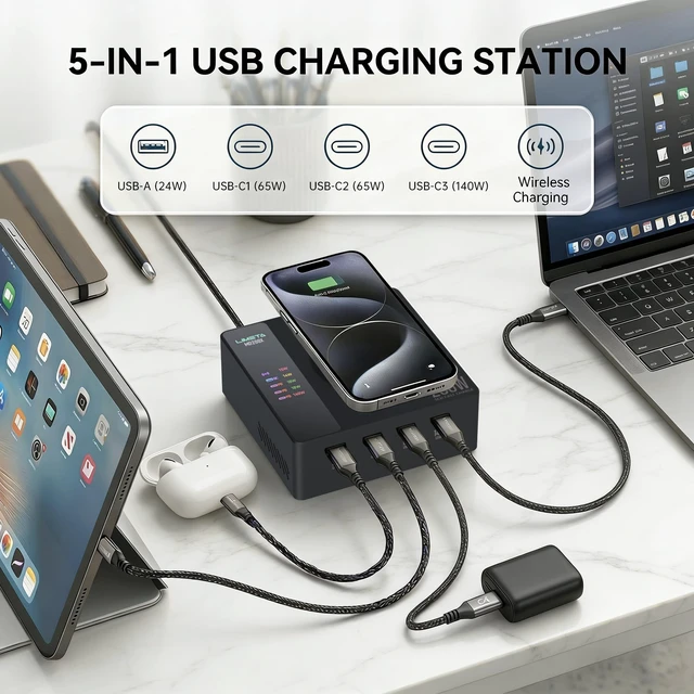 Alt view image 2 of 7 - LIMETA MD200X 200W Desktop Charging Station, 5-in-1 Smart USB C Charger with 140W PD 3.1 and Wireless Charging Pad for Laptop, Tablet, Phone & Earbuds Home Ofiice