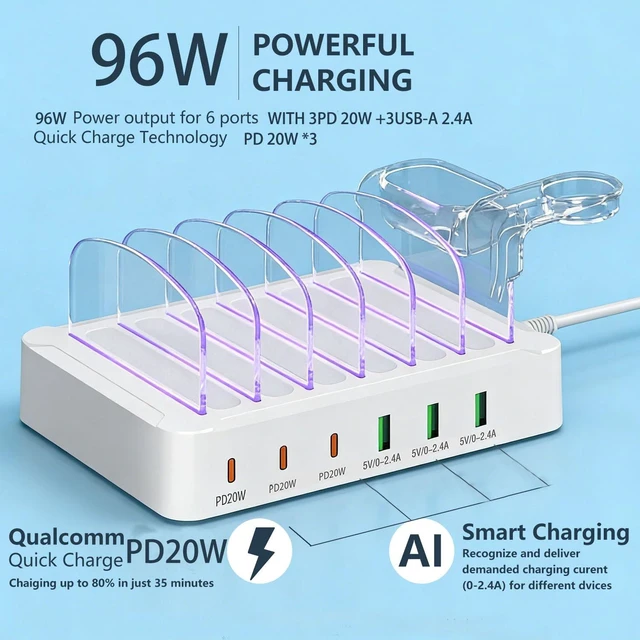 Alt view image 2 of 7 - USB Charging Station 96W 6 Ports Multi Device Dock Desk Organizer Charge Station, with 3 USB C Quick Charge, with Watch Stand for Phone/Tablets/Smartphones