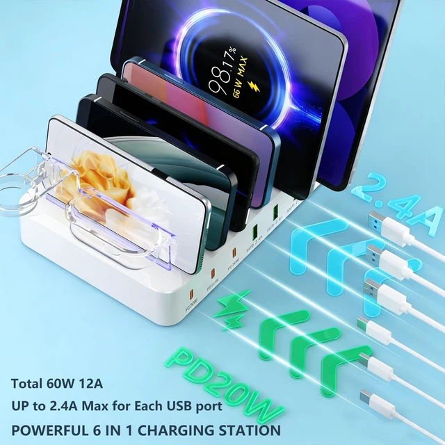 Alt view image 3 of 7 - USB Charging Station 96W 6 Ports Multi Device Dock Desk Organizer Charge Station, with 3 USB C Quick Charge, with Watch Stand for Phone/Tablets/Smartphones