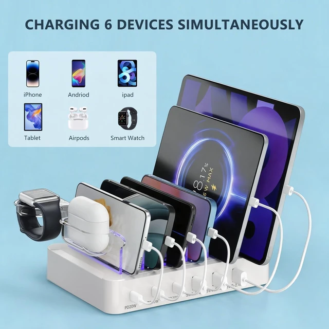 Alt view image 4 of 7 - USB Charging Station 96W 6 Ports Multi Device Dock Desk Organizer Charge Station, with 3 USB C Quick Charge, with Watch Stand for Phone/Tablets/Smartphones