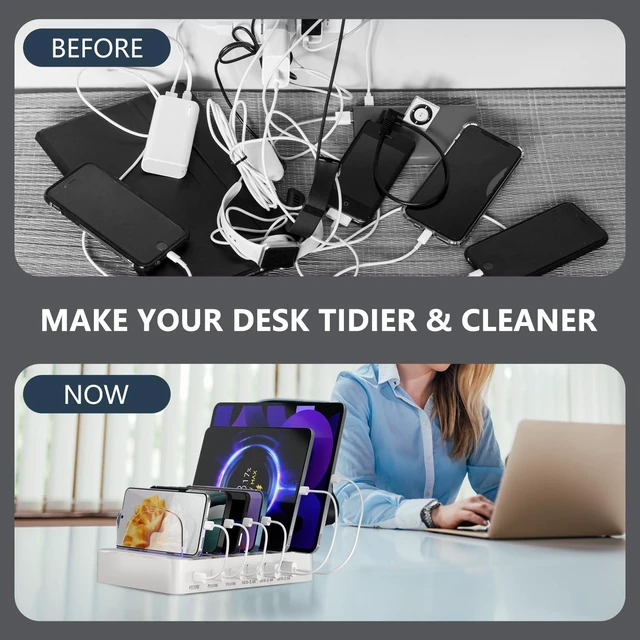 Alt view image 6 of 7 - USB Charging Station 96W 6 Ports Multi Device Dock Desk Organizer Charge Station, with 3 USB C Quick Charge, with Watch Stand for Phone/Tablets/Smartphones