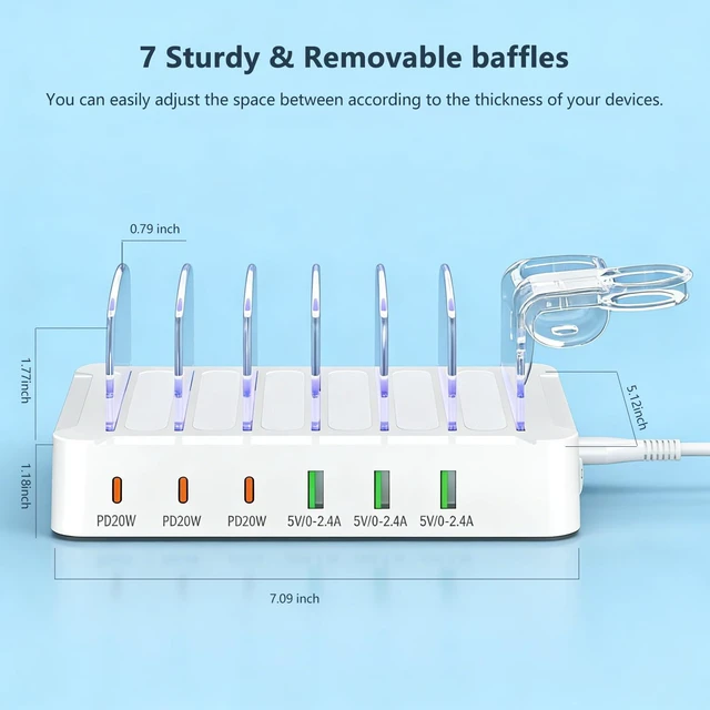 Alt view image 7 of 7 - USB Charging Station 96W 6 Ports Multi Device Dock Desk Organizer Charge Station, with 3 USB C Quick Charge, with Watch Stand for Phone/Tablets/Smartphones