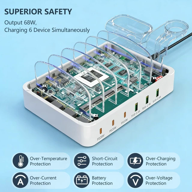 Alt view image 5 of 7 - USB Charging Station 96W 6 Ports Multi Device Dock Desk Organizer Charge Station, with 3 USB C Quick Charge, with Watch Stand for Phone/Tablets/Smartphones