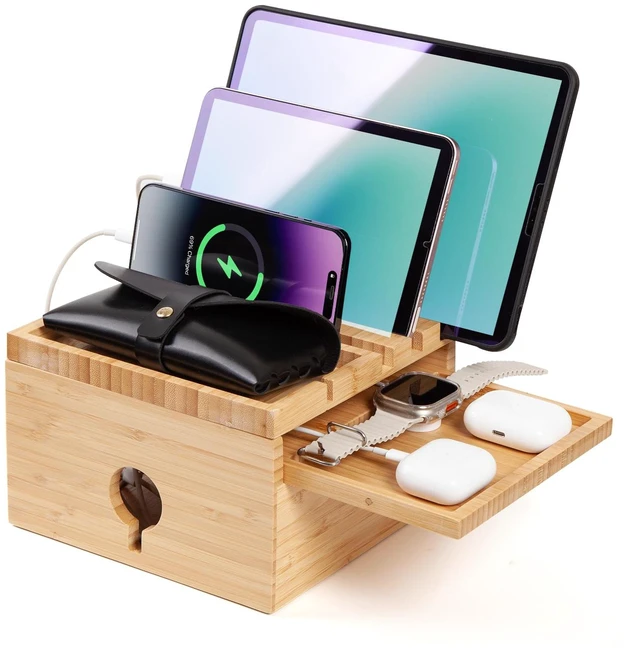 Main image of PERFECYEE Bamboo Charging Station Organizer, No USB Charger and Cables | Nightstand Docking Station with Small Tray, Desktop Wood Charger Organizer, Compatible with Cell Phone, Tablet, Earphones