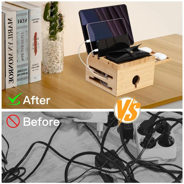 Alt view image 2 of 7 - PERFECYEE Bamboo Charging Station Organizer, No USB Charger and Cables | Nightstand Docking Station with Small Tray, Desktop Wood Charger Organizer, Compatible with Cell Phone, Tablet, Earphones