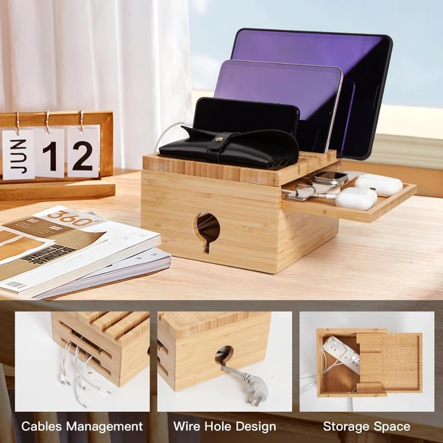 Alt view image 3 of 7 - PERFECYEE Bamboo Charging Station Organizer, No USB Charger and Cables | Nightstand Docking Station with Small Tray, Desktop Wood Charger Organizer, Compatible with Cell Phone, Tablet, Earphones