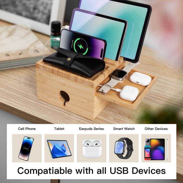 Alt view image 4 of 7 - PERFECYEE Bamboo Charging Station Organizer, No USB Charger and Cables | Nightstand Docking Station with Small Tray, Desktop Wood Charger Organizer, Compatible with Cell Phone, Tablet, Earphones