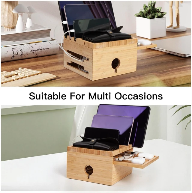 Alt view image 5 of 7 - PERFECYEE Bamboo Charging Station Organizer, No USB Charger and Cables | Nightstand Docking Station with Small Tray, Desktop Wood Charger Organizer, Compatible with Cell Phone, Tablet, Earphones