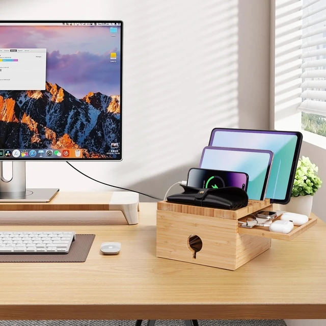 Alt view image 7 of 7 - PERFECYEE Bamboo Charging Station Organizer, No USB Charger and Cables | Nightstand Docking Station with Small Tray, Desktop Wood Charger Organizer, Compatible with Cell Phone, Tablet, Earphones