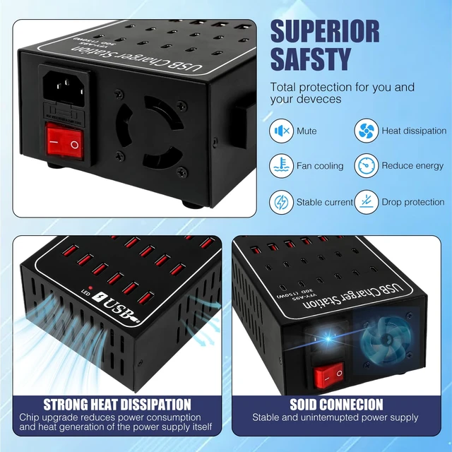 Alt view image 2 of 6 - Multiport USB C Charger Block RISWOJOR, 150W (30A) 30 Port USB Charging Station with Auto Detect, Multi USB Charger Station with Type-C 3A for Smartphone Tablets Multiple Devices