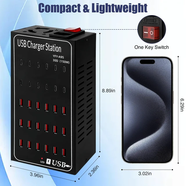 Alt view image 6 of 6 - Multiport USB C Charger Block RISWOJOR, 150W (30A) 30 Port USB Charging Station with Auto Detect, Multi USB Charger Station with Type-C 3A for Smartphone Tablets Multiple Devices