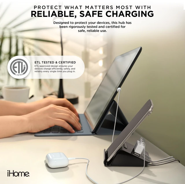 Alt view image 4 of 4 - iHome 4 Port USB Charging Hub, 3 USB-A, 1 USB-C, Smartphone Dock, 6ft Power Cord, Lightweight & Portable